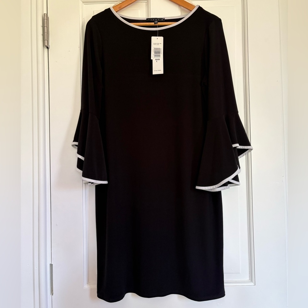 NWT Tiana B. 3/4 Bell Flared Sleeve Black White Trim Party Dress Pullover LBD L